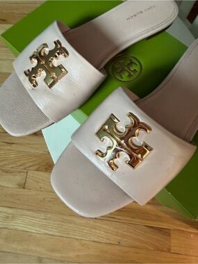 Tory Burch Rose Pink Leather Slide Mules with Gold Logo